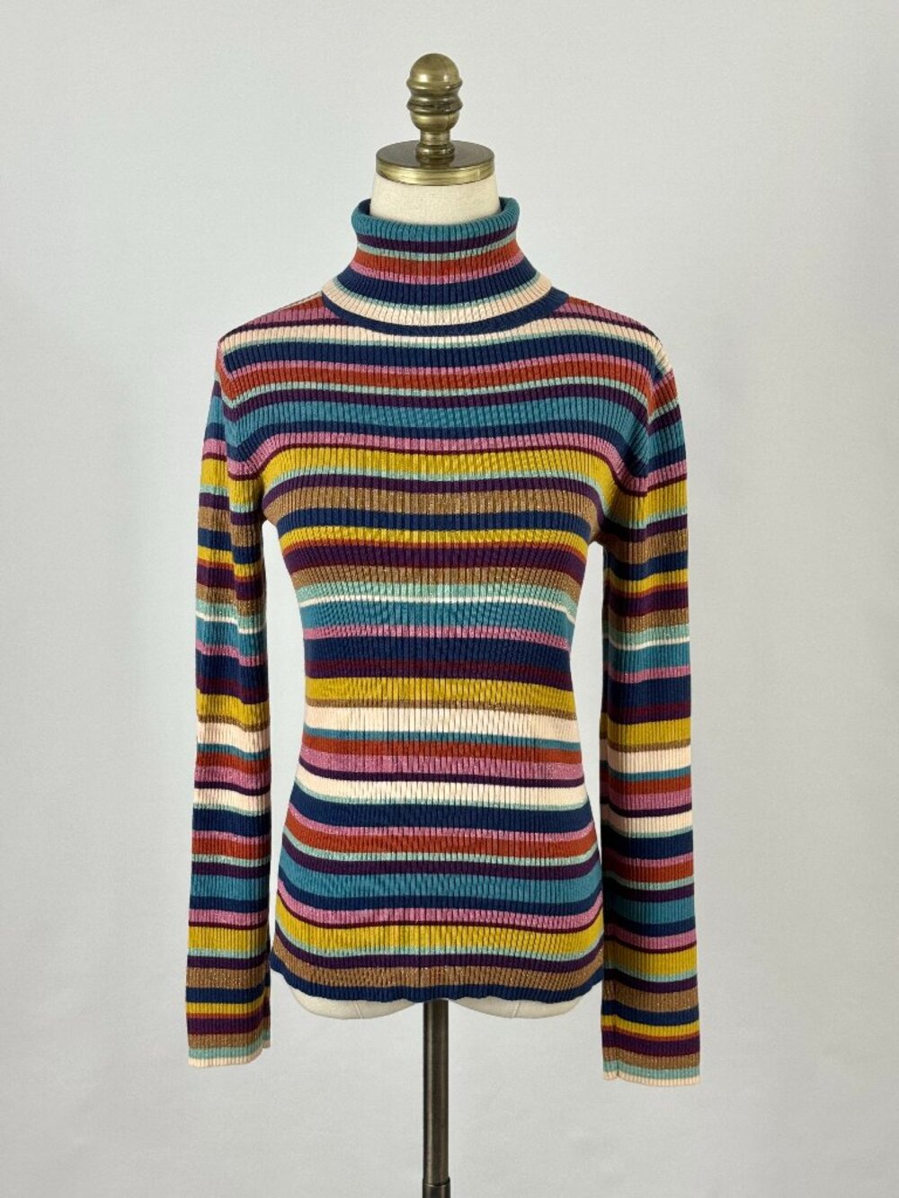 Vtg Y2K Ribbed Colorful Happy Stripe Turtleneck Sweater Cotton Blend Rainbow